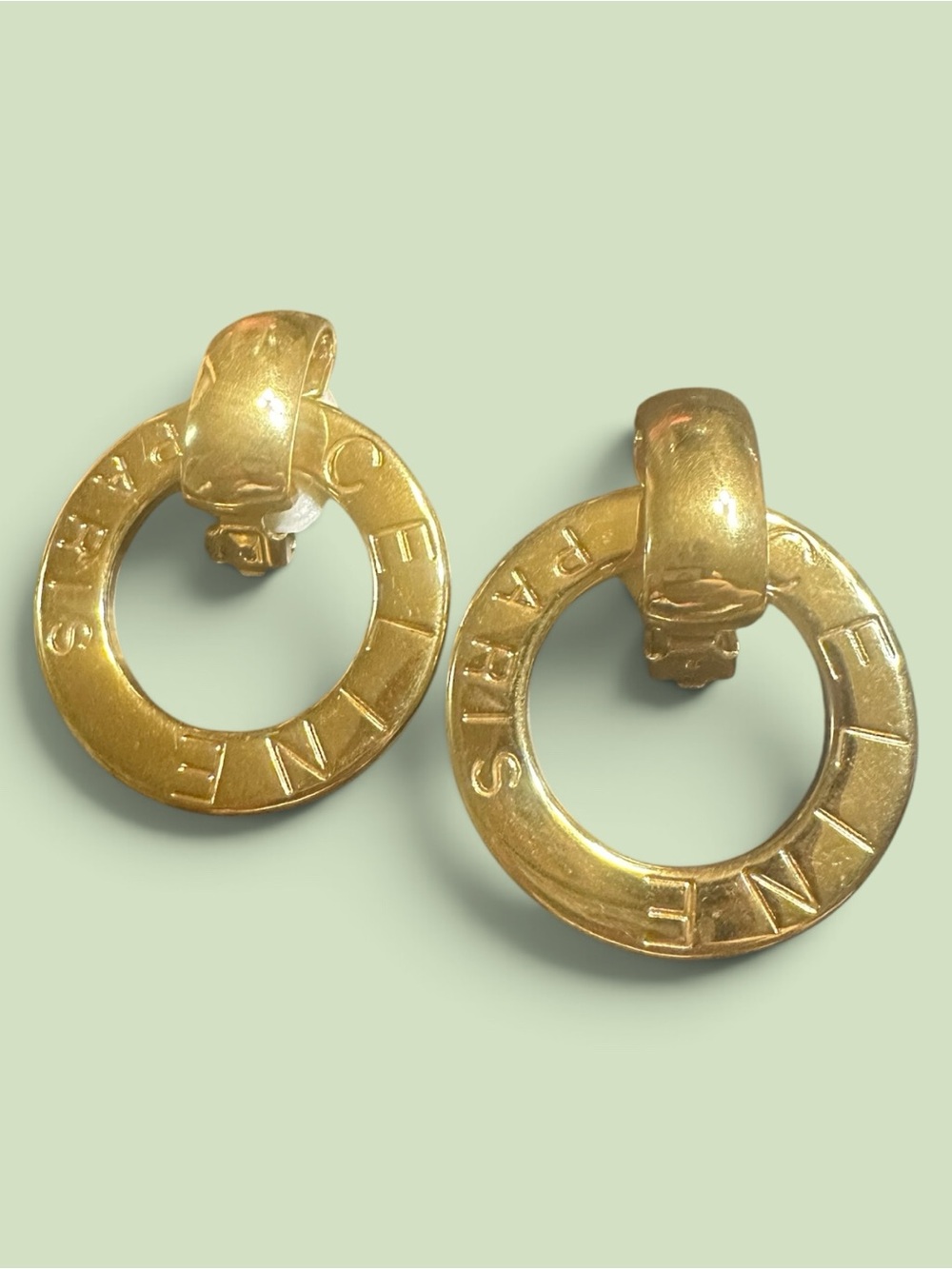 Celine Gold Hoop Logo Drop Earrings